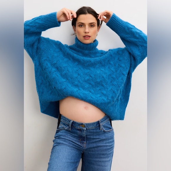 Nwt Hatch Maternity Sophie Vibrant Blue Turtleneck Sweater Cable Knit 3 Large